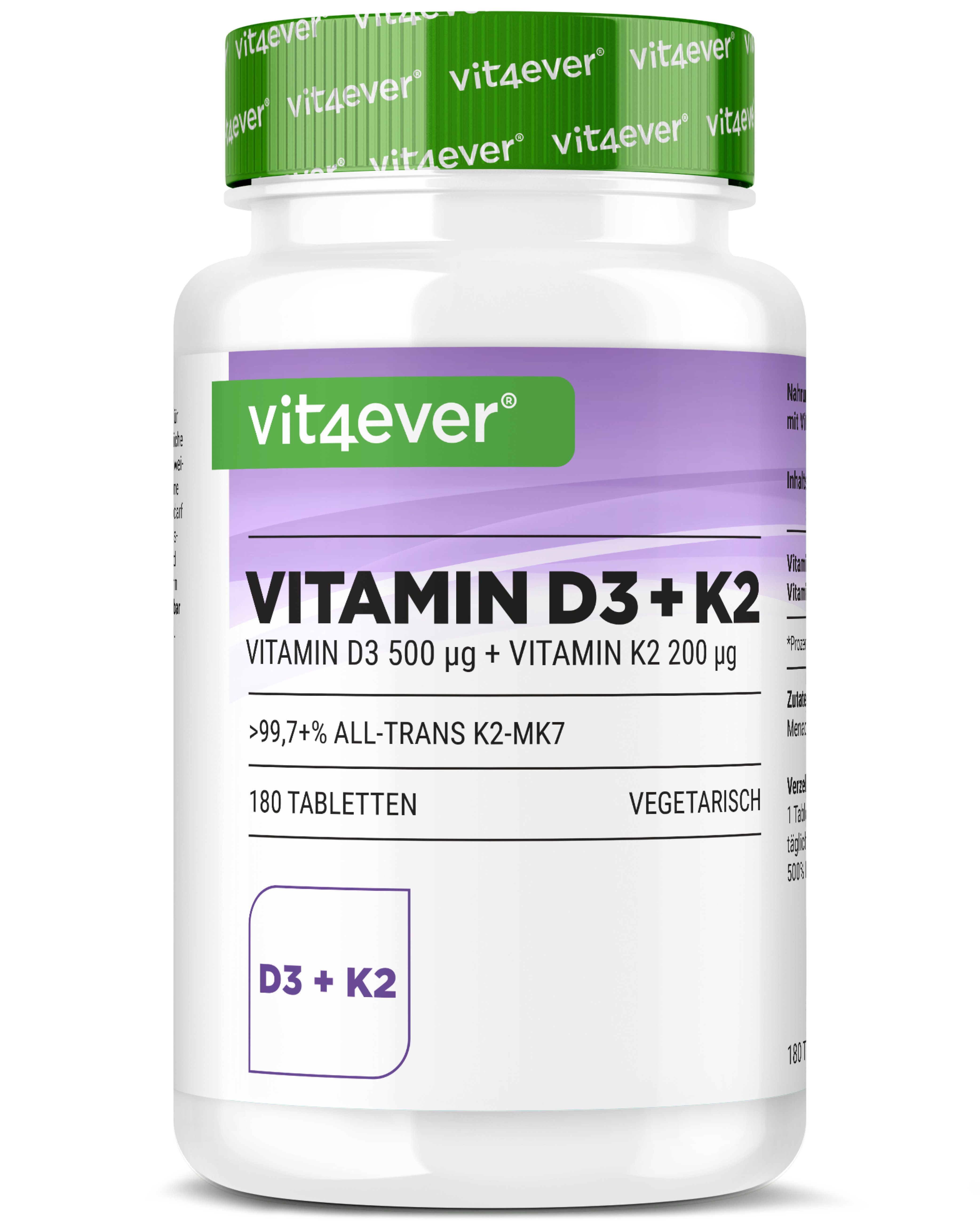 Vit4ever Vitamin D3 + K2 Tabletten. Weiße Tabletten in einer weißen Flasche mit grünem Deckel. Aufschrift: Vitamin D3 + K2.