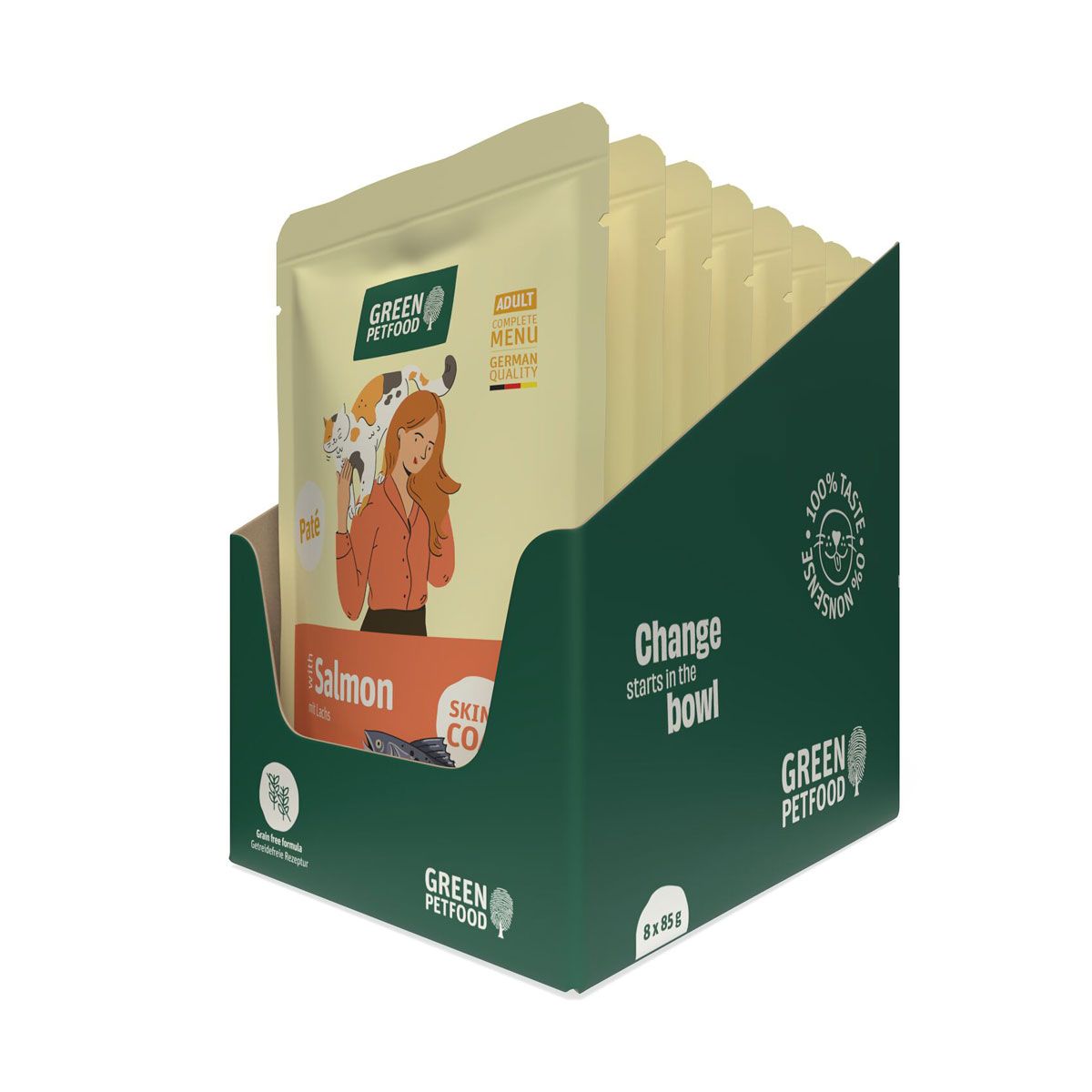 Green Petfood Katzennassfutter Paté mit Lachs in einer 8er-Packung.