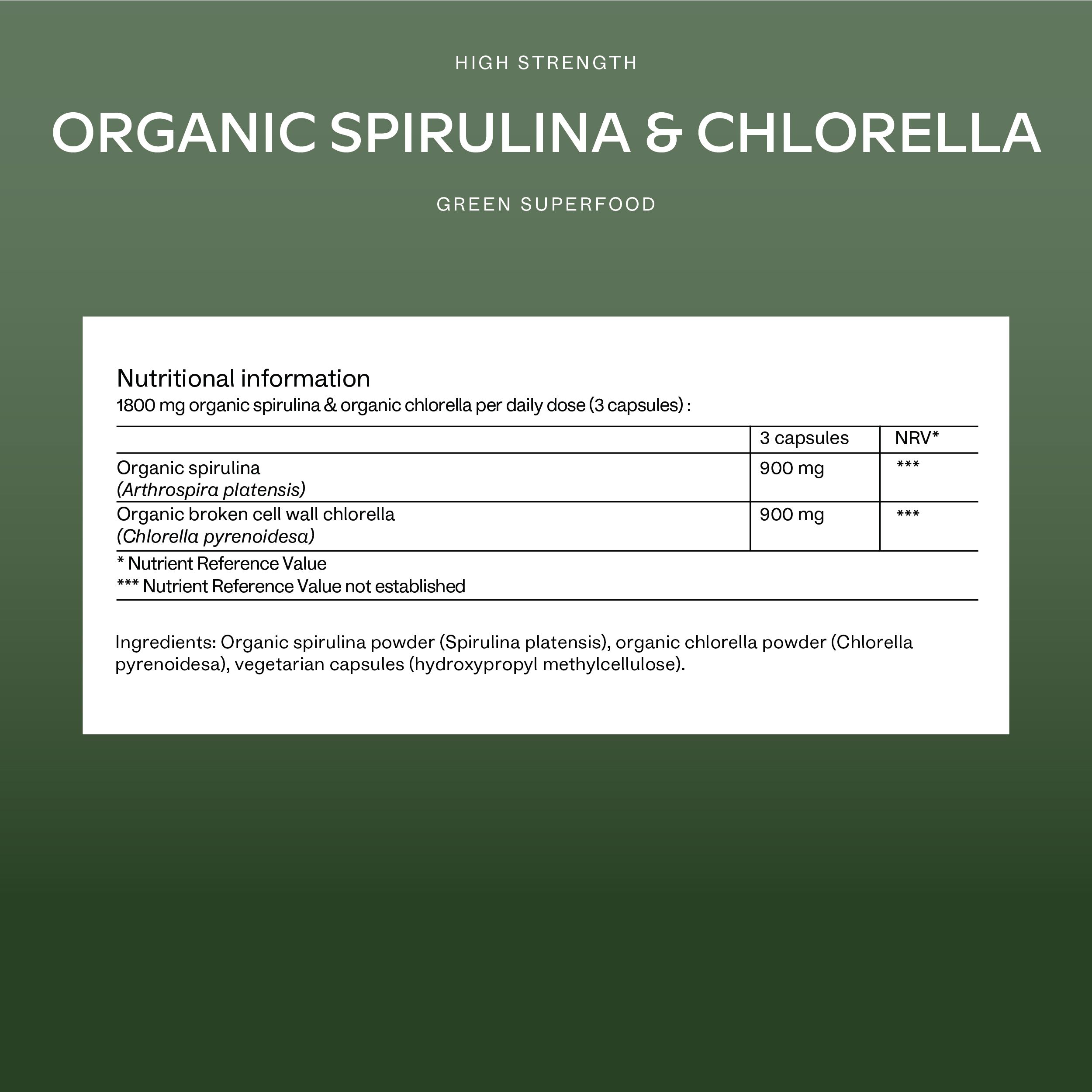 Text auf grünem Hintergrund: Organic Spirulina & Chlorella. Nährwertangaben.