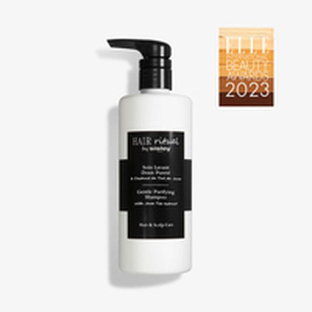 Weißer Shampoo-Flakon mit schwarzem Pumpkopf. Schwarzes Etikett mit Text: Hair Rituel by Sisley, Gentle Purifying Shampoo. Elle Beauty Awards 2023.