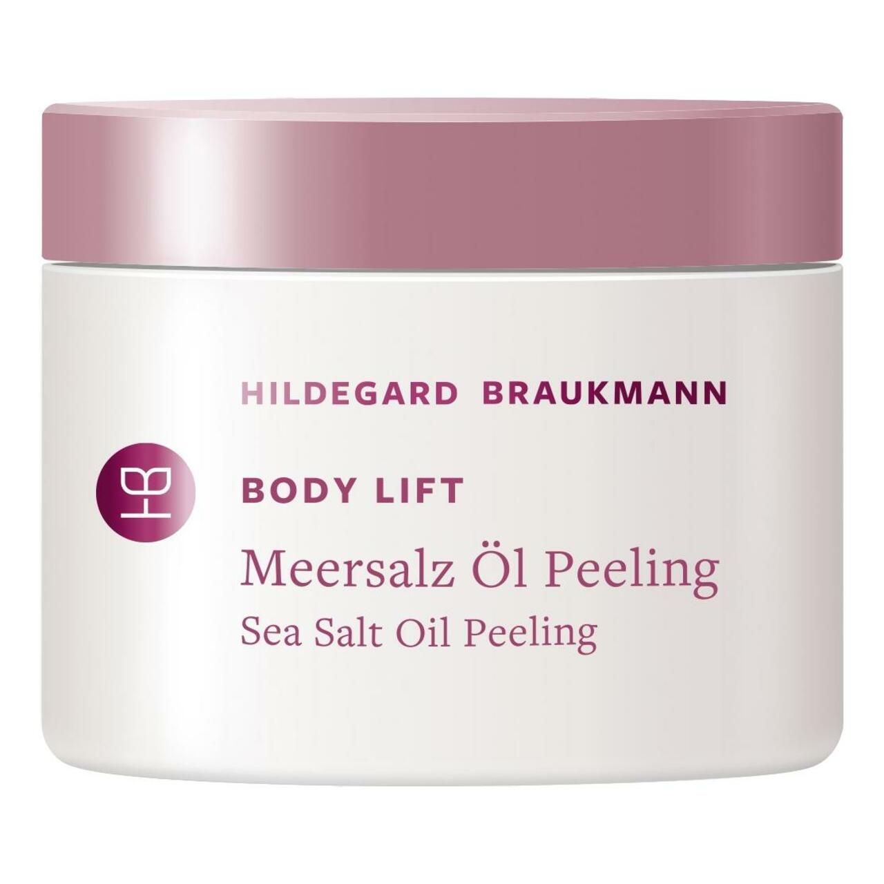Hildegard Braukmann Body Lift Meersalz Öl Peeling in einem weißen Tiegel mit rosa Deckel. Produktname und Logo.