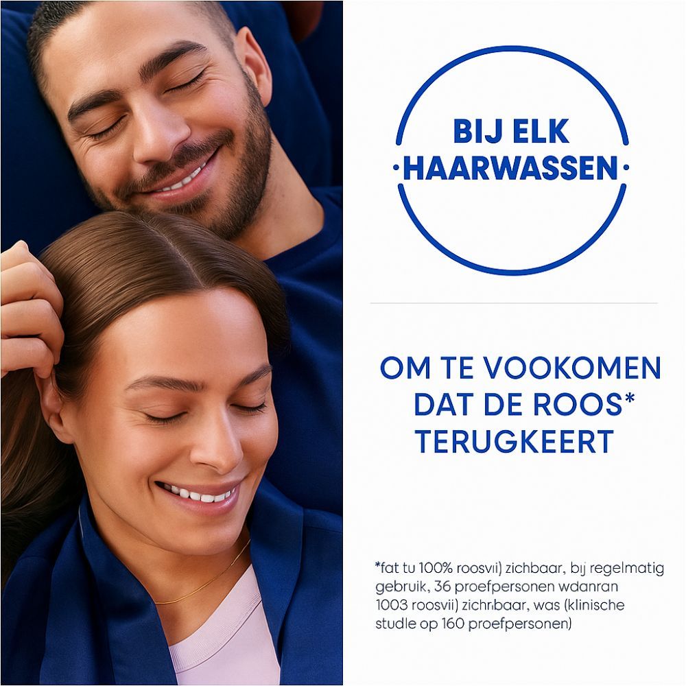 Koppel dat elkaar omhelst. Tekst: Bij elke wasbeurt. Om terugkeer van roos te voorkomen.