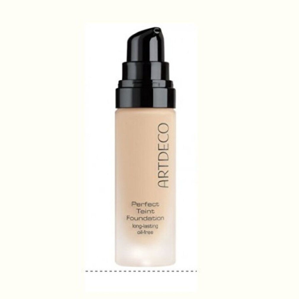 Foundation-Flakon mit schwarzem Pumpverschluss. Aufschrift: ARTDECO, Perfect Teint Foundation, long-lasting, oil-free.