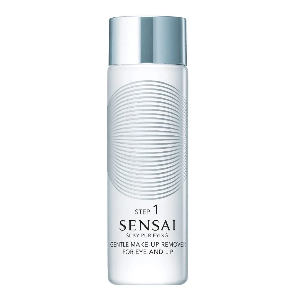 Zylindrische Flasche mit silbernem Deckel. Aufschrift: SENSAI, SILKY, GENTLE MAKE-UP REMOVER FOR EYE AND LIP.