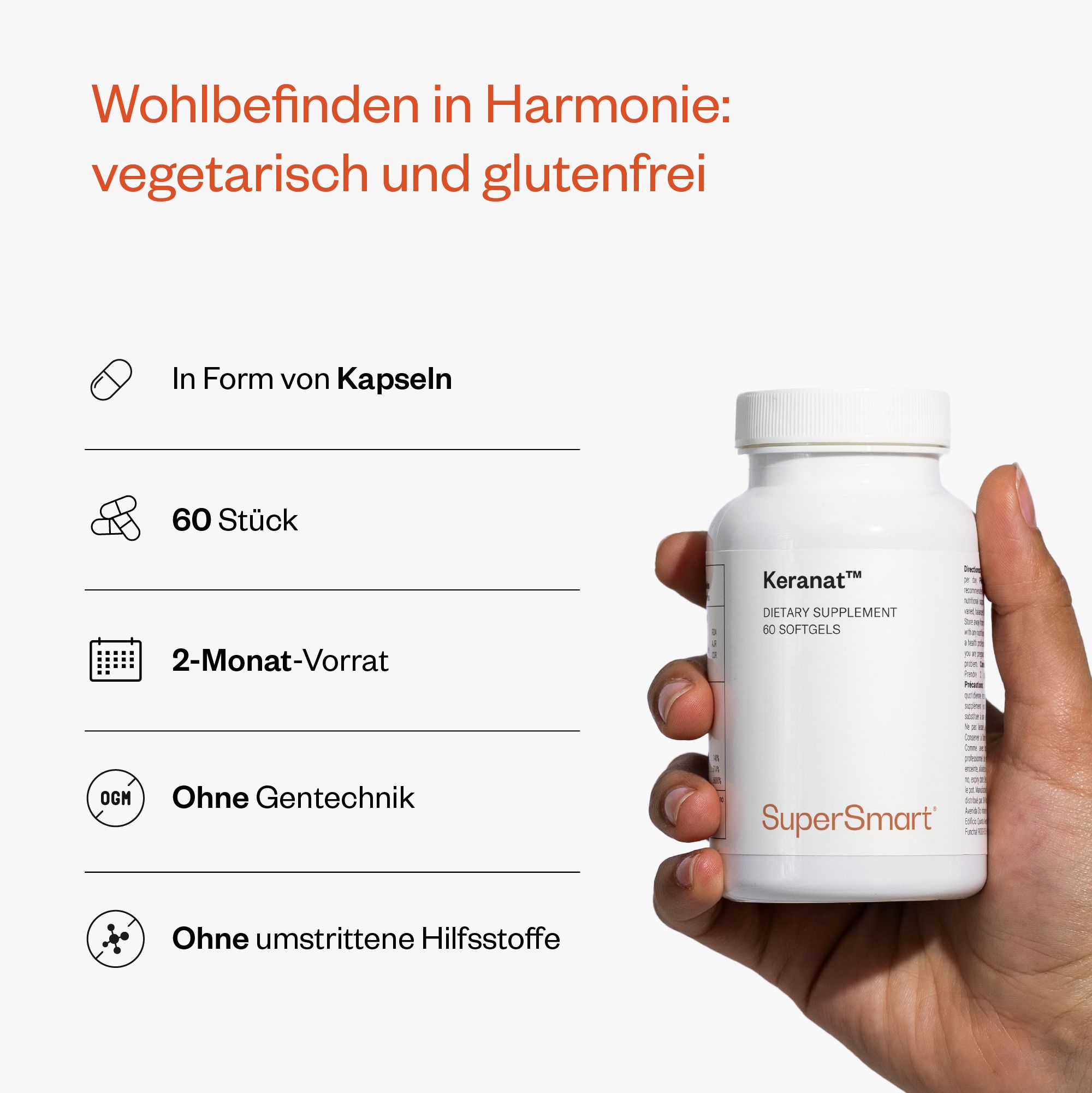 Weiße Flasche Keranat™ Dietary Supplement, 60 Softgels, in Hand gehalten. SuperSmart Logo. Text: vegetarisch und glutenfrei, 60 Stück, 2-Monat-Vorrat.