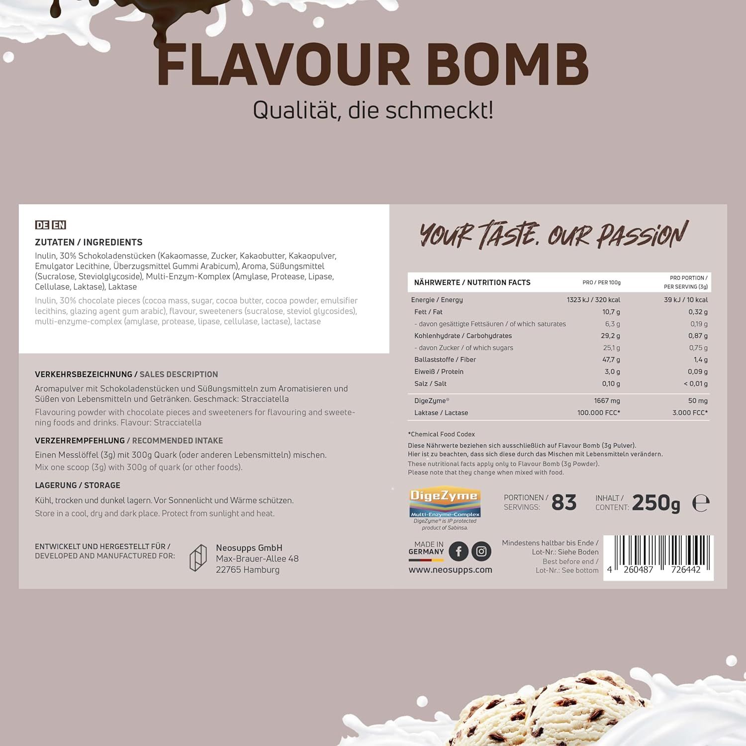 Produktverpackung mit Inhaltsstoffen, Nährwertangaben und Verzehrempfehlung. Aufschrift: FLAVOUR BOMB. Qualität, die schmeckt! Made in Germany.