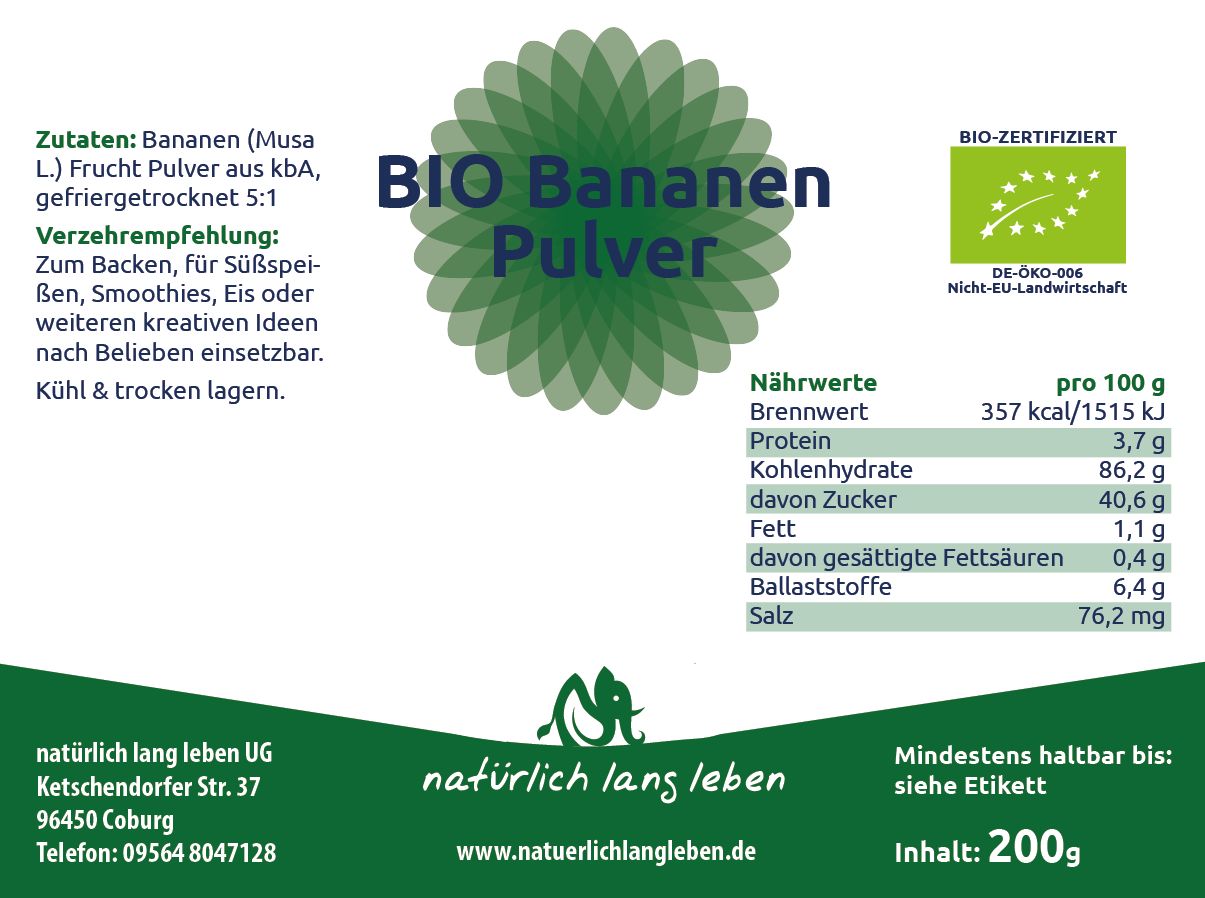 Etikett mit Informationen zu BIO Bananen Pulver. Enthält Nährwertangaben, Zutaten und Bio-Zertifizierung.