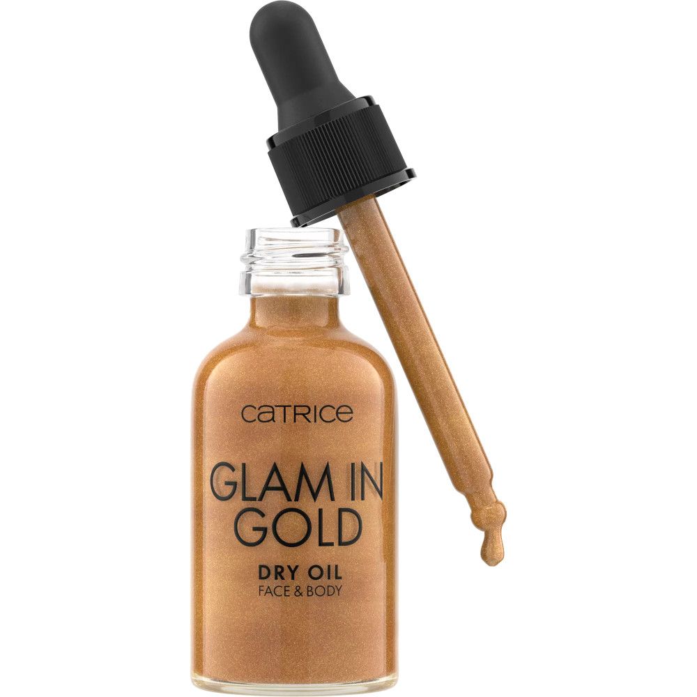 Glasflasche mit goldfarbenem Trockenöl. Schwarze Pipette. Aufschrift: Glam In Gold, Dry Oil, Face & Body.