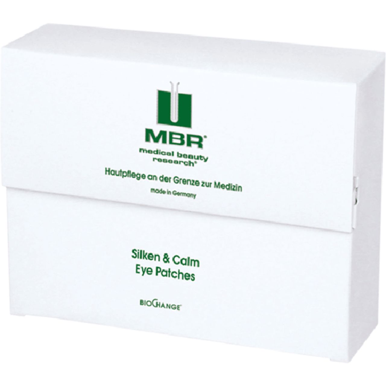 Weiße Verpackung mit Logo und Schriftzug. Aufschrift: Silken & Calm Eye Patches. Marke: MBR, BioChange.