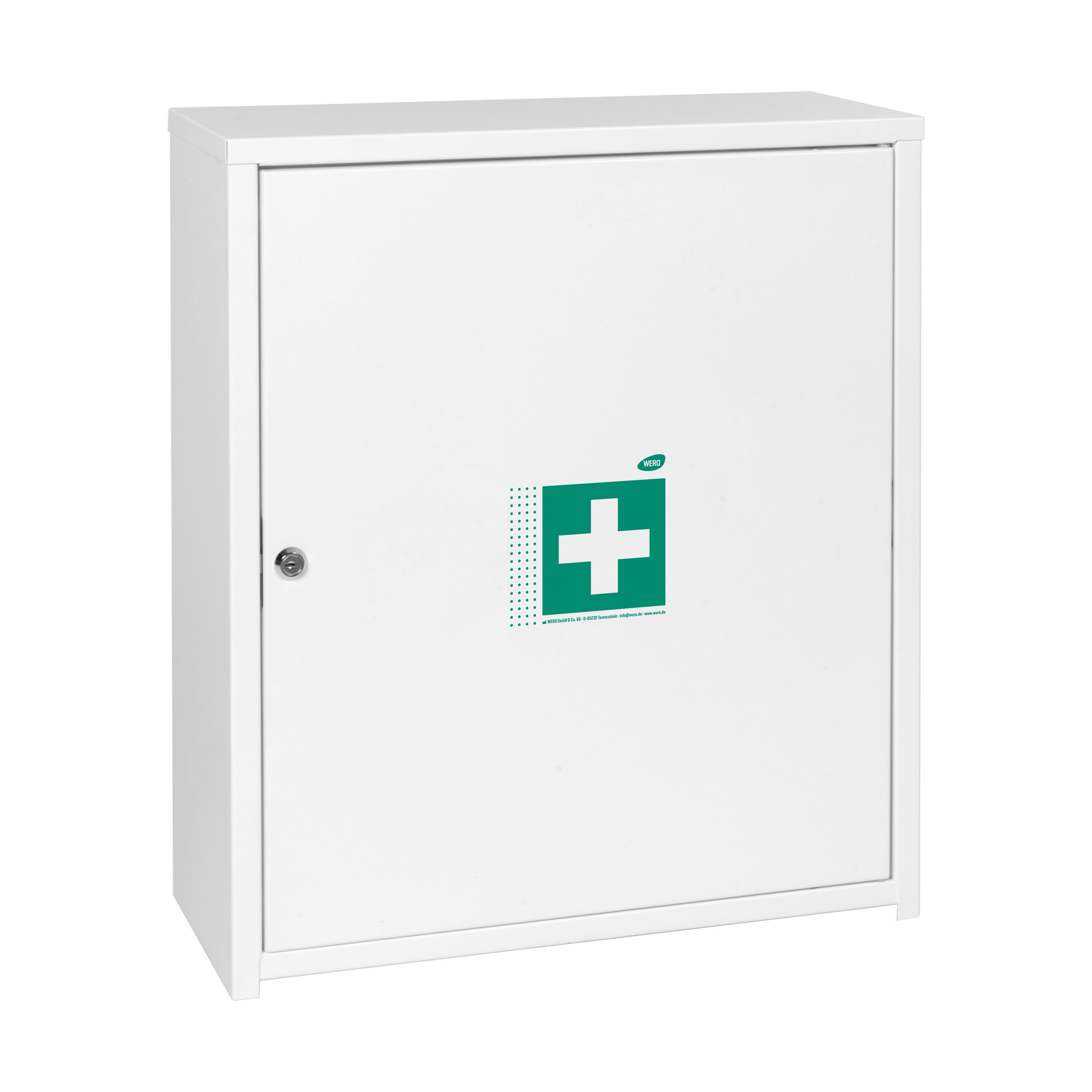 Weißer Verbandschrank mit grünem Kreuz. Geschlossene Tür mit Schloss. Eckige Form.