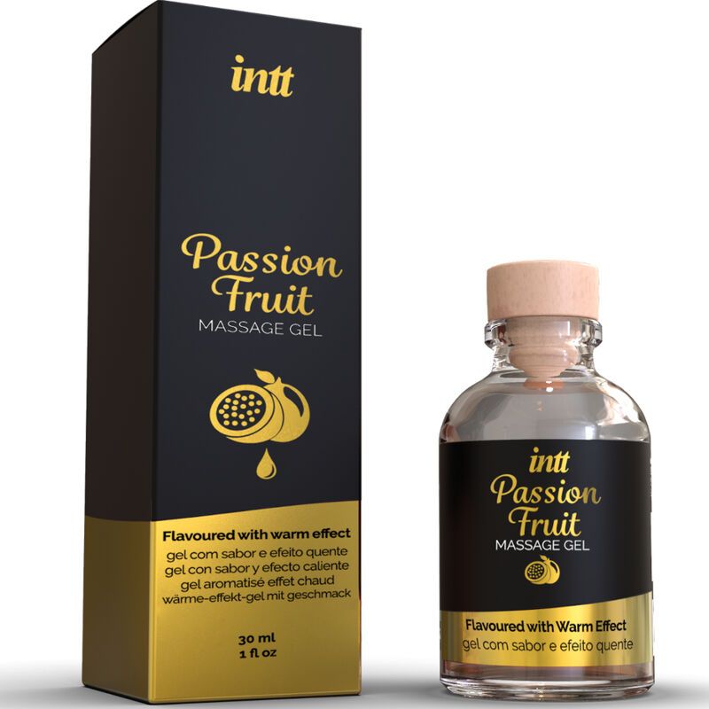 Flasche und Verpackung von Massagegel. Aufschrift: intt Passion Fruit Massage Gel. Mit warmem Effekt. 30 ml, 1 fl oz.
