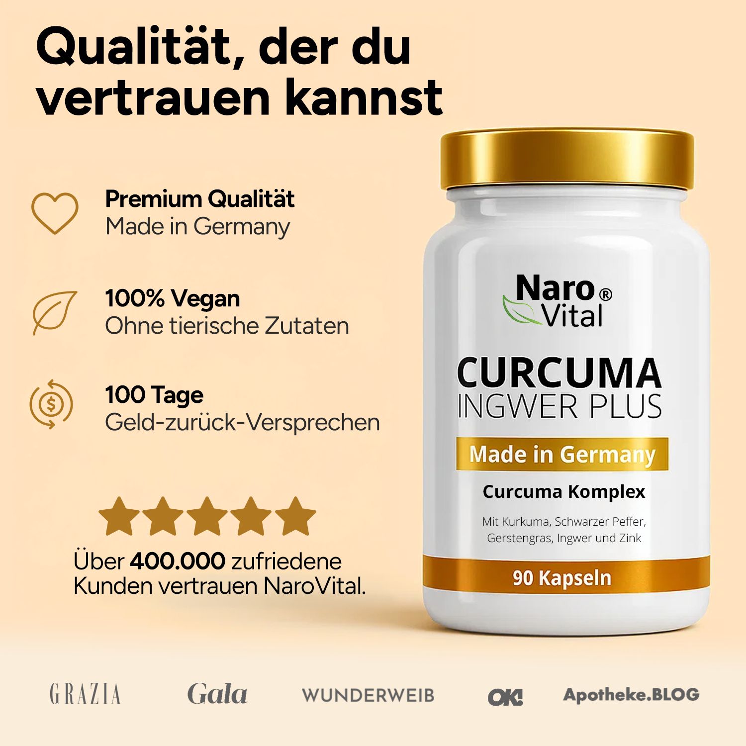 Flasche NAROVITAL® Curcuma Ingwer Plus. Text: Qualität, der du vertrauen kannst. Logos: Grazia, Gala, Wunderweib, OK, Apotheke.BLOG.