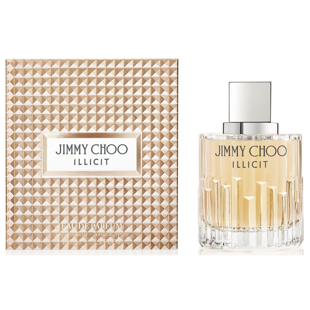 Parfümflakon und Verpackung. Aufschrift: JIMMY CHOO ILLICIT. Flakon mit silbernem Deckel. Verpackung mit geprägtem Muster.