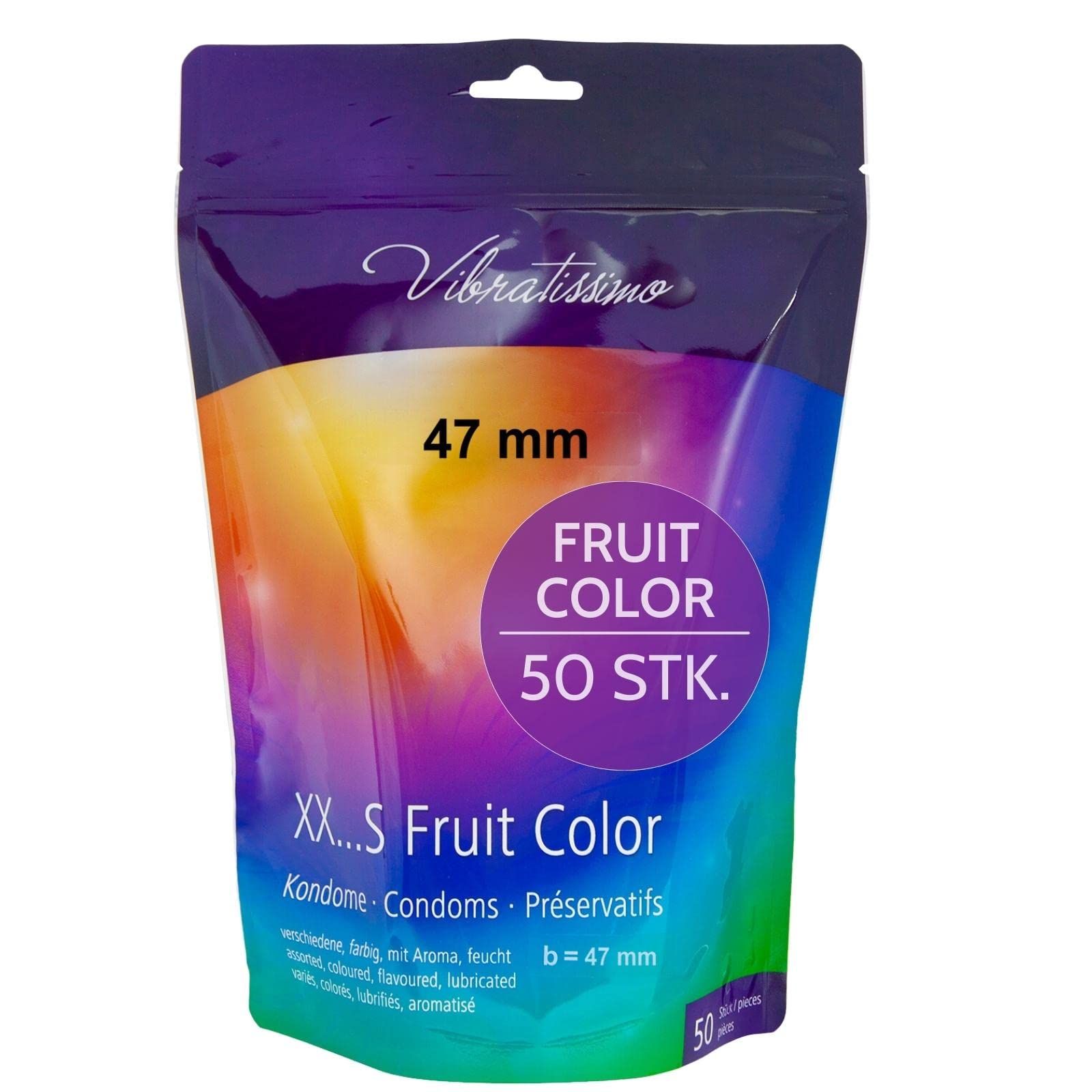 Verpackung mit 50 Vibratissimo Kondomen, 47 mm Breite, Fruchtfarbe, aromatisiert.