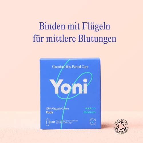 Blaue Schachtel mit "Yoni"-Logo, Text und dem Logo der Soil Association.
