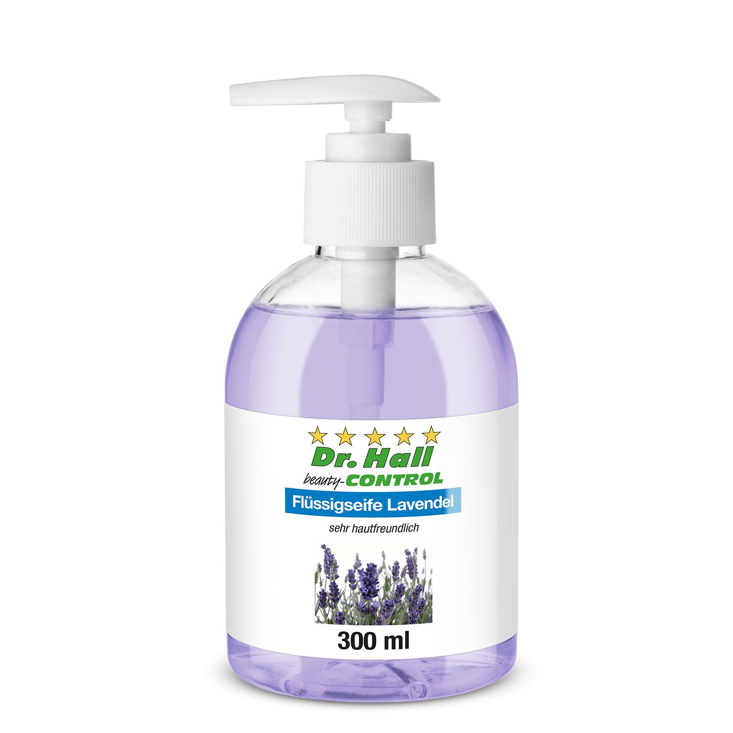 Flasche Flüssigseife Lavendel mit Spender. Etikett mit Produktname, Lavendel-Illustration und 300 ml. Transparente Flasche mit lila Inhalt.