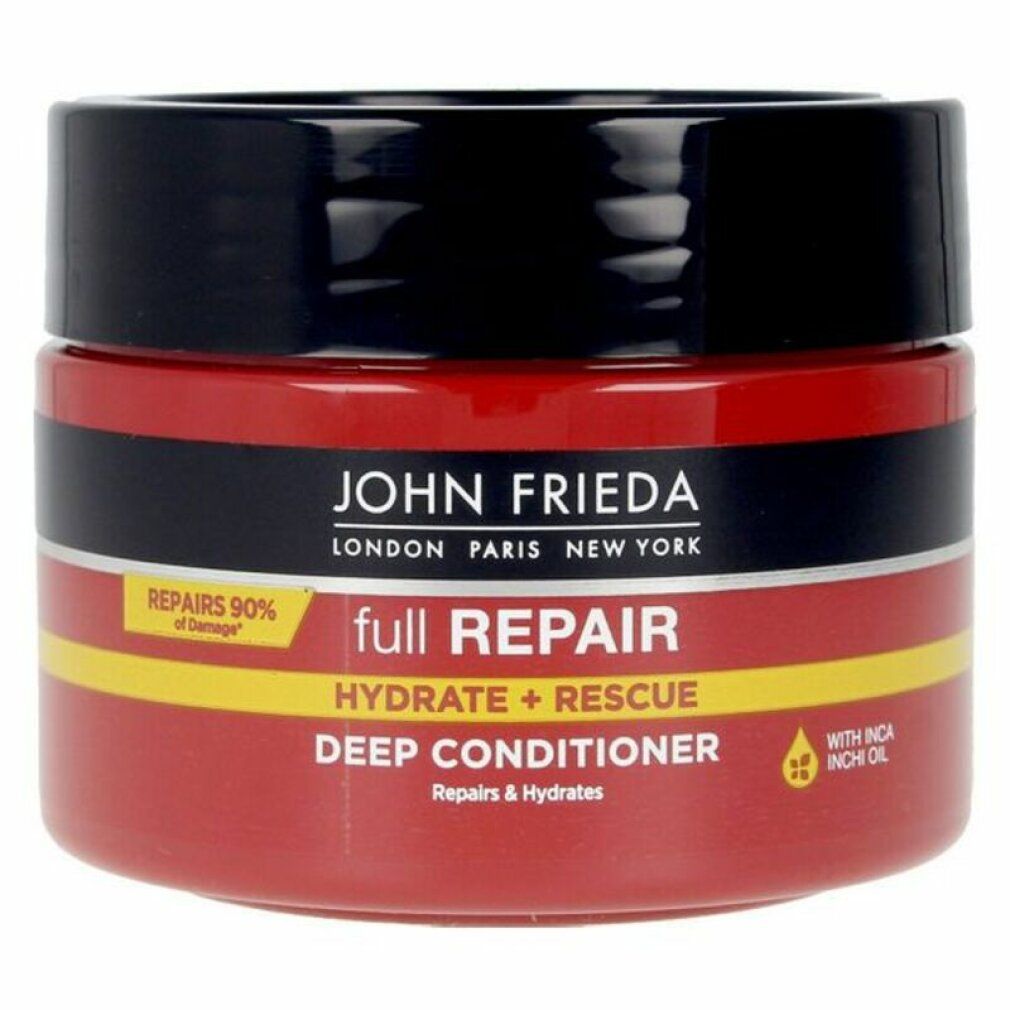 Roter Tiegel mit schwarzem Deckel. Aufschrift: John Frieda, full Repair, Hydrate + Rescue, Deep Conditioner. Gelbe Akzente.