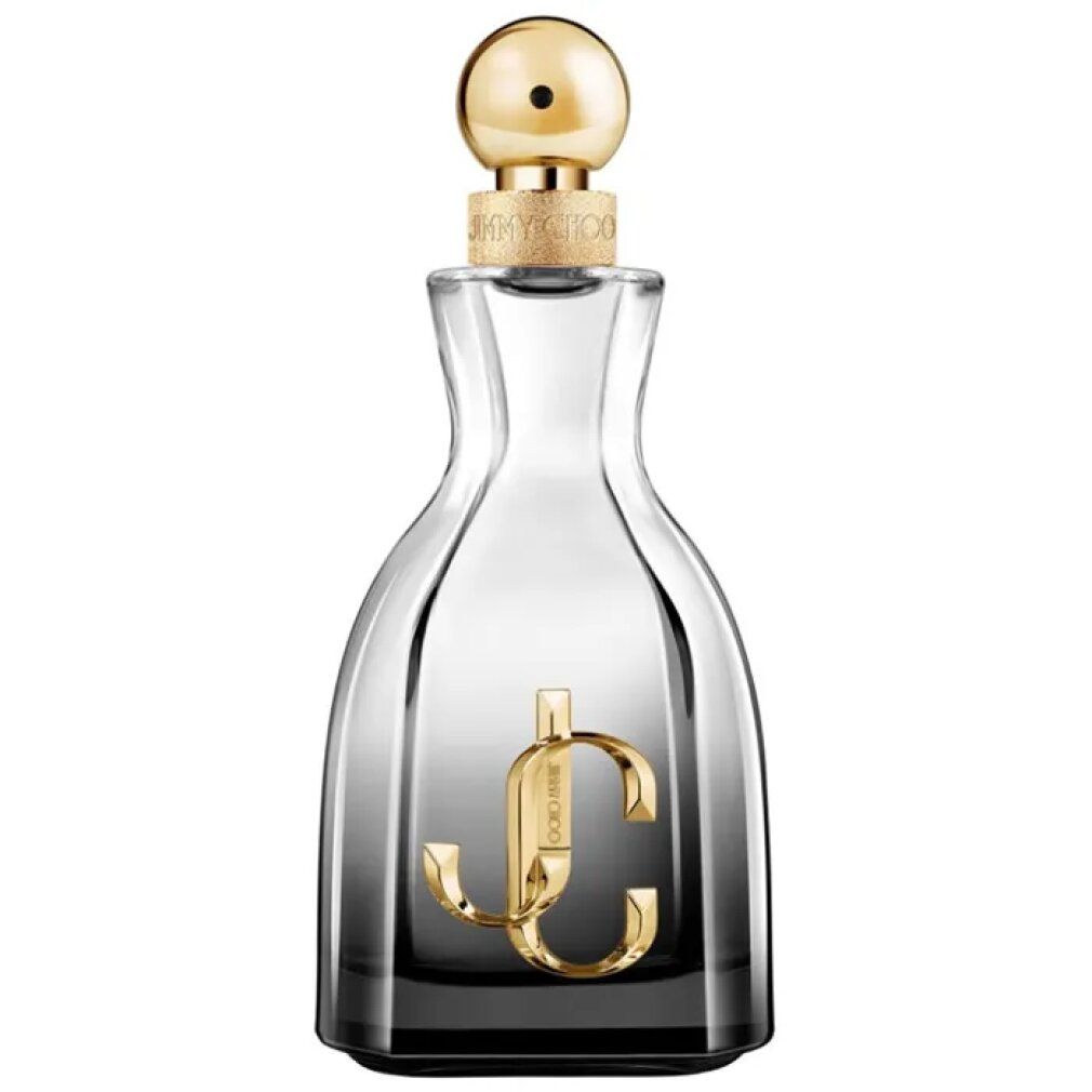 Parfümflakon mit goldfarbenem Verschluss und Logo. Farbverlauf von transparent zu schwarz. Goldfarbenes Logo.