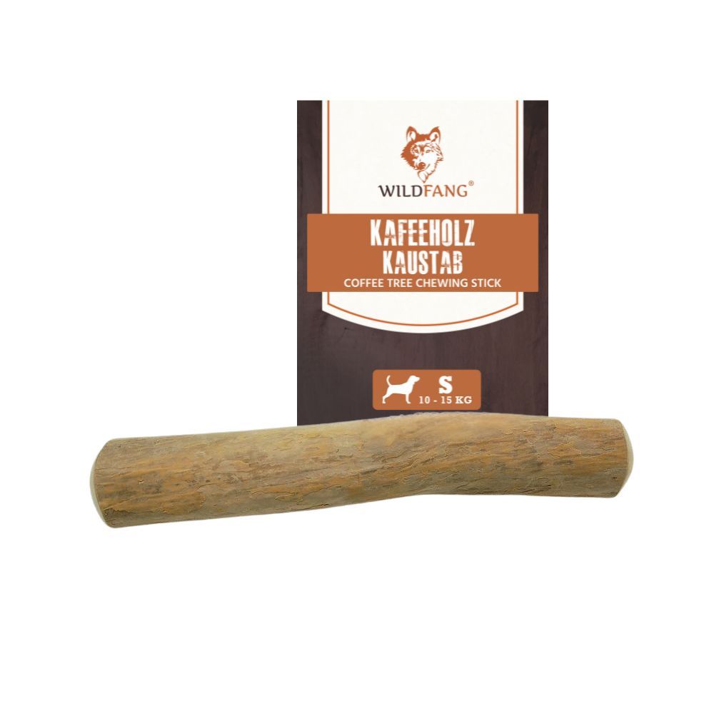 Kaffeeholz-Kaustab, braun, zylindrisch. Verpackung mit Logo und Produktbezeichnung. Größe S, 10-15 kg.