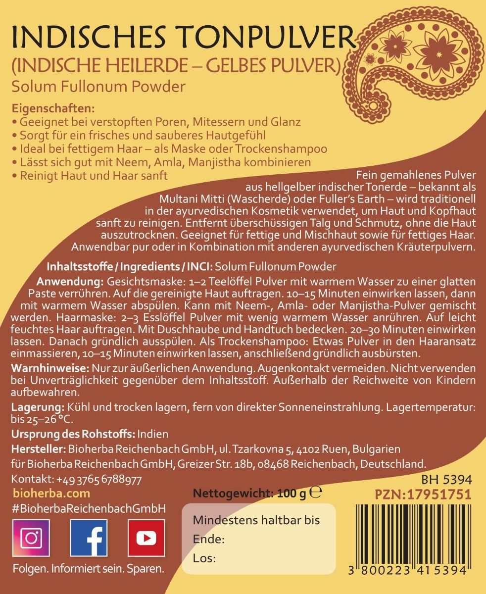 Rückseite des Etiketts. Text: Indisches Tonpulver, Solum Fullonum. Inhaltsstoffe, Anwendungshinweise, Herstellerinformationen, 100 g.