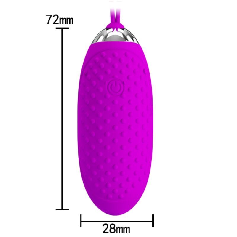 Lila Ei mit Schlaufe. Maße: 72mm x 28mm. Das Ei hat eine strukturierte Oberfläche und einen Knopf.