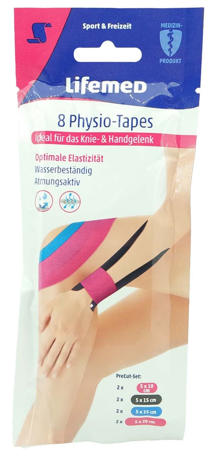 Verpackung mit 8 Physio-Tapes. Ideal für Knie- und Handgelenk. Farben: pink, blau. Größen: 5x10, 5x15, 5x15, 5x20 cm. Medizinprodukt.