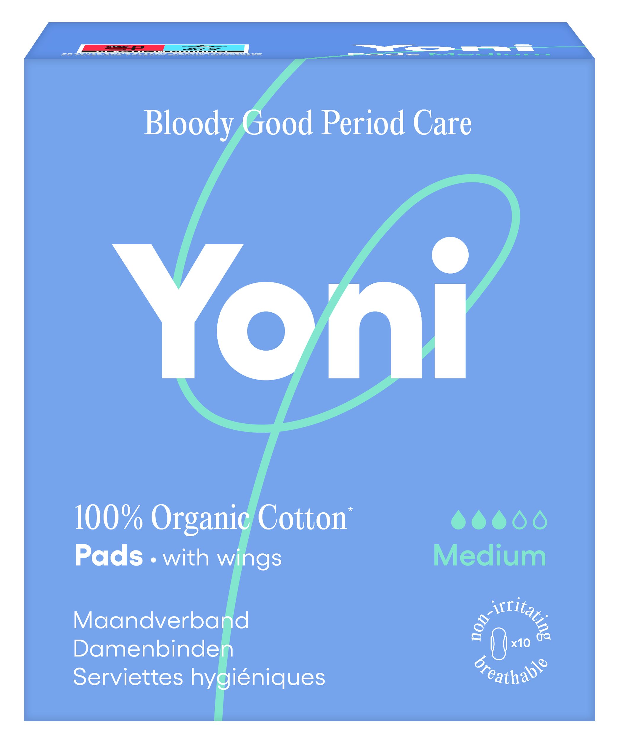 Yoni Damenbinden Packung, 100% Bio-Baumwolle, mit Flügeln, Medium.