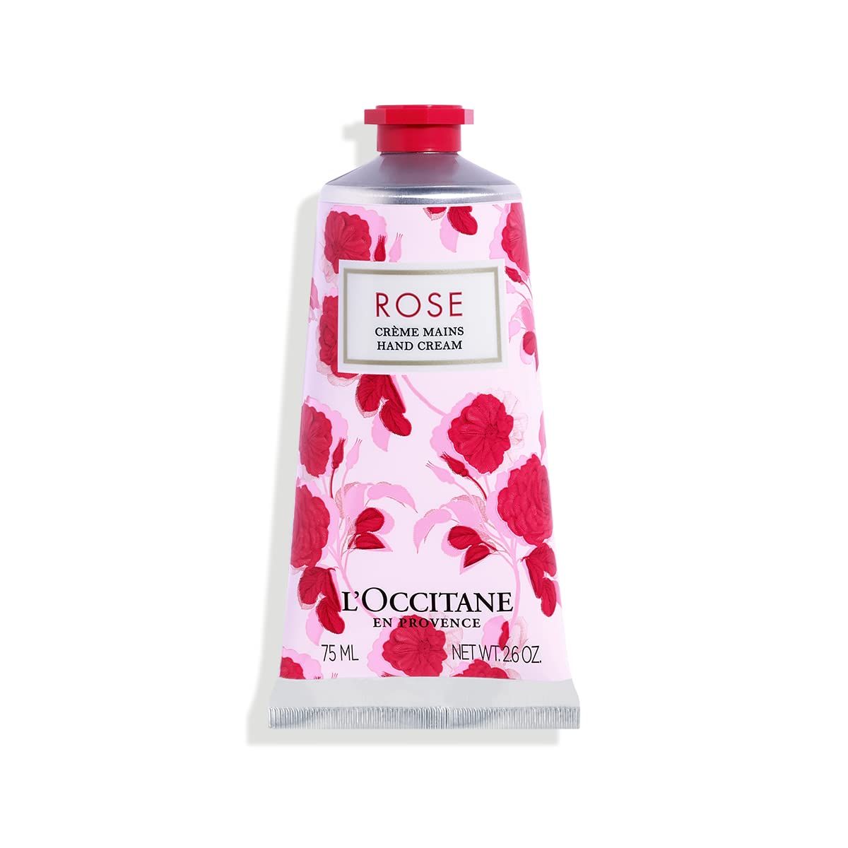Handcreme-Tube mit Rosenmuster und Schriftzug "ROSE". Marke: L'Occitane. 75 ml.