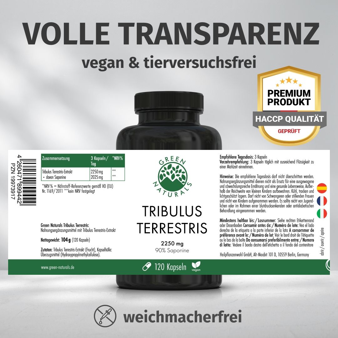 Tribulus Terrestris Kapseldose mit Etikett: 2250 mg, 120 Kapseln, vegan, tierversuchsfrei. Premium Produkt, HACCP Qualität.