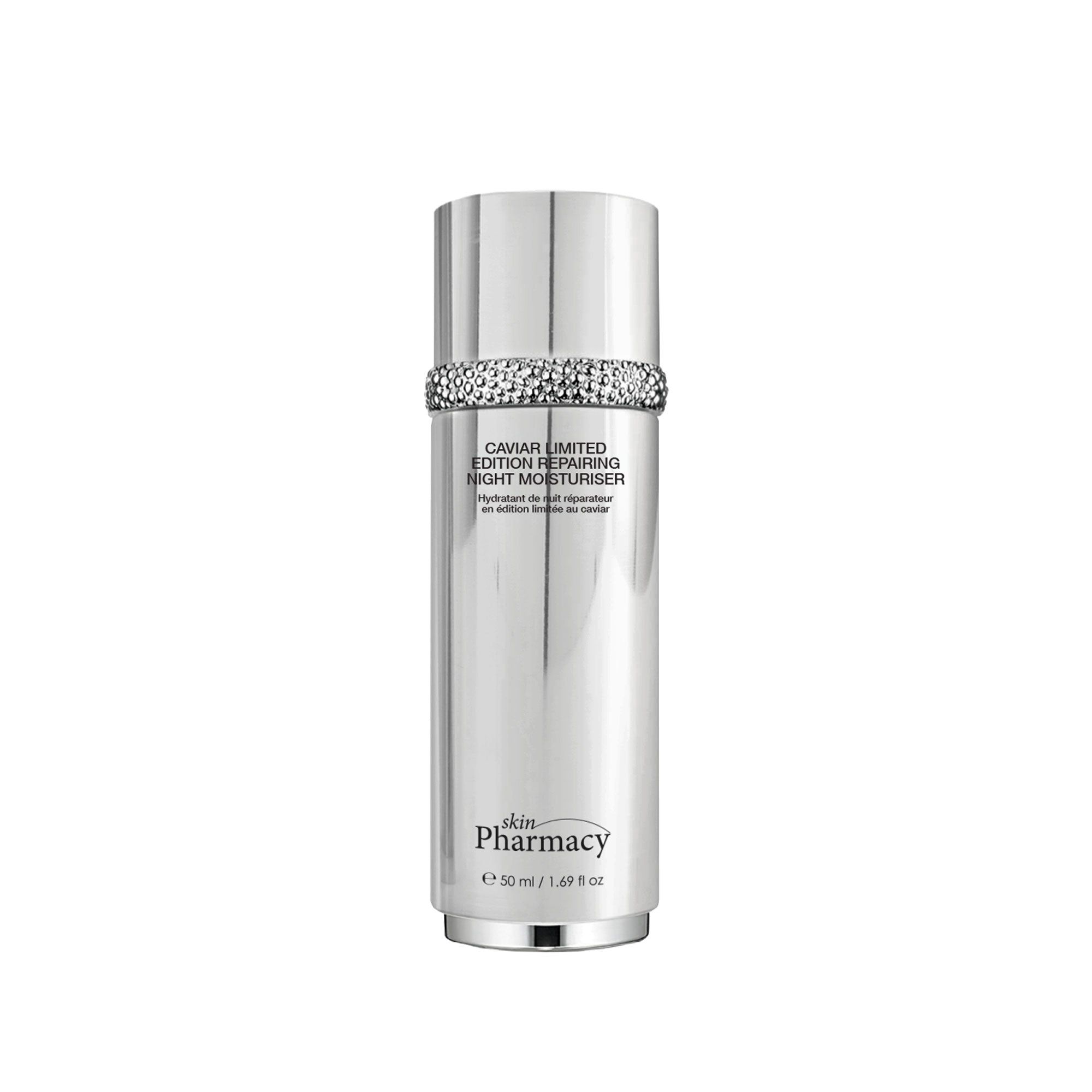 Silberne Flasche mit Strassband. Text: Caviar Limited Edition Repairing Night Moisturiser. Marke: skinPharmacy.