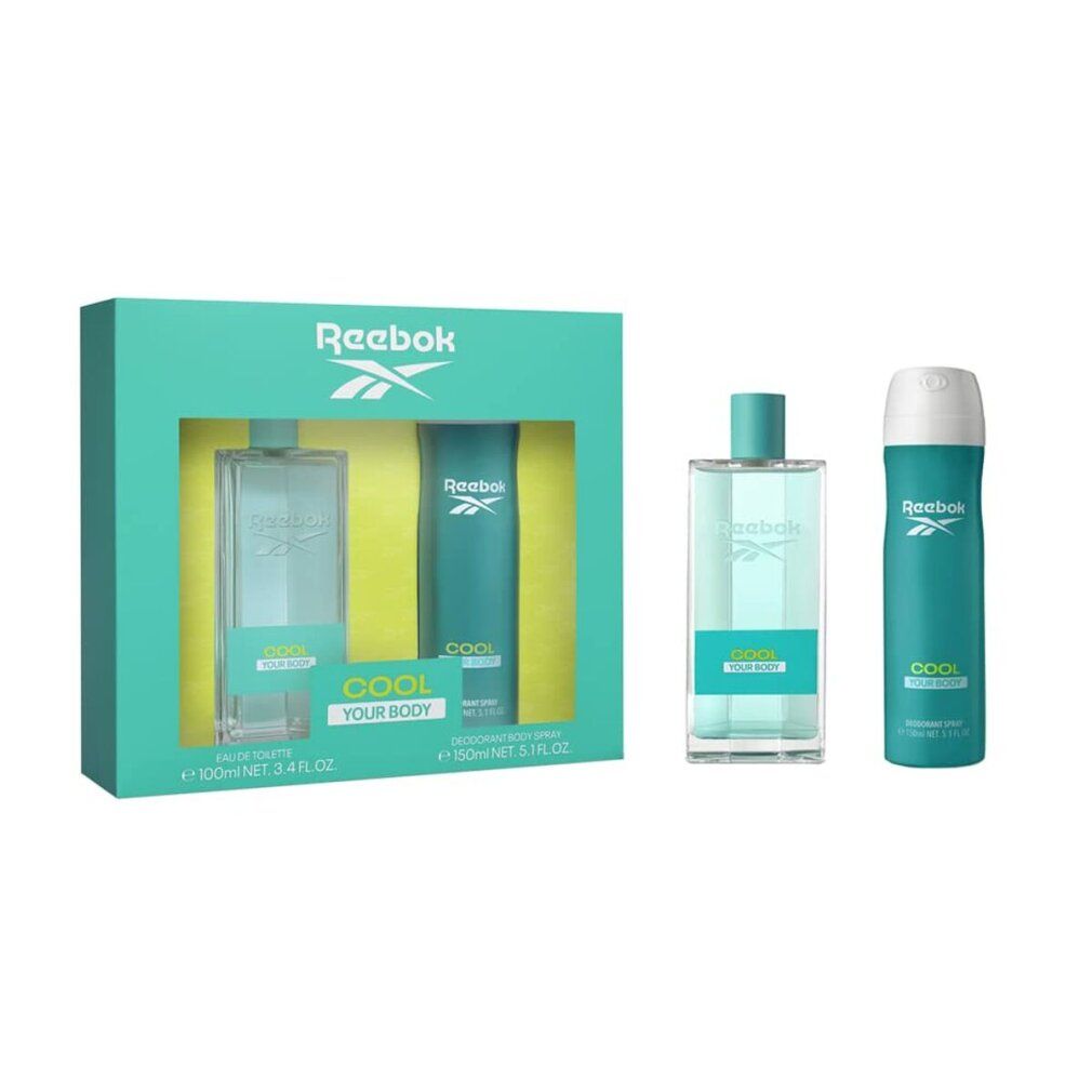 Reebok Cool Geschenkset. Enthält Eau de Toilette, Deodorant Spray und eine Geschenkbox. Türkis und Weiß. Text: COOL YOUR BODY.