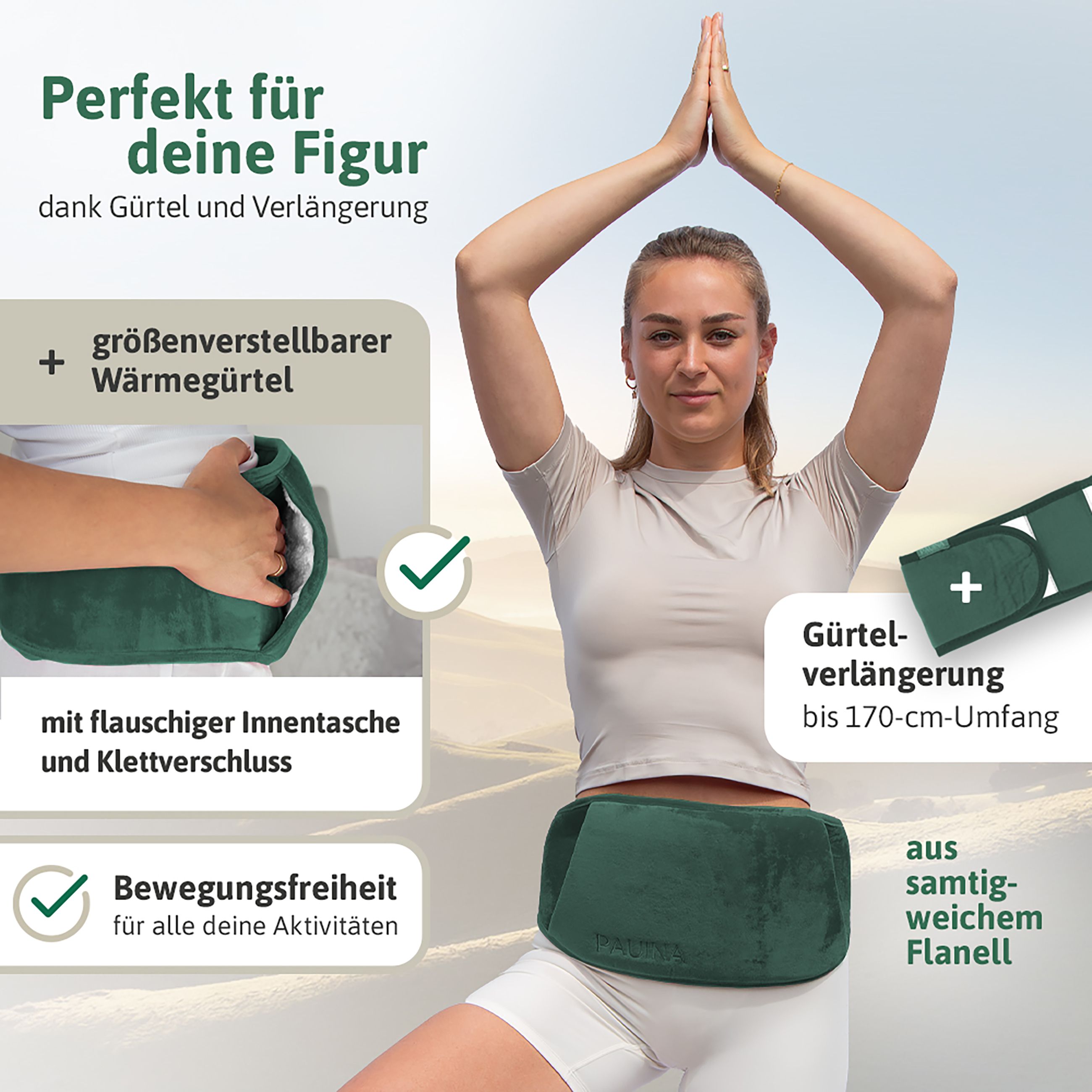 Frau mit Wärmegürtel. Text: größenverstellbar, mit flauschiger Innentasche, Bewegungsfreiheit. Gürtel-Verlängerung bis 170 cm.