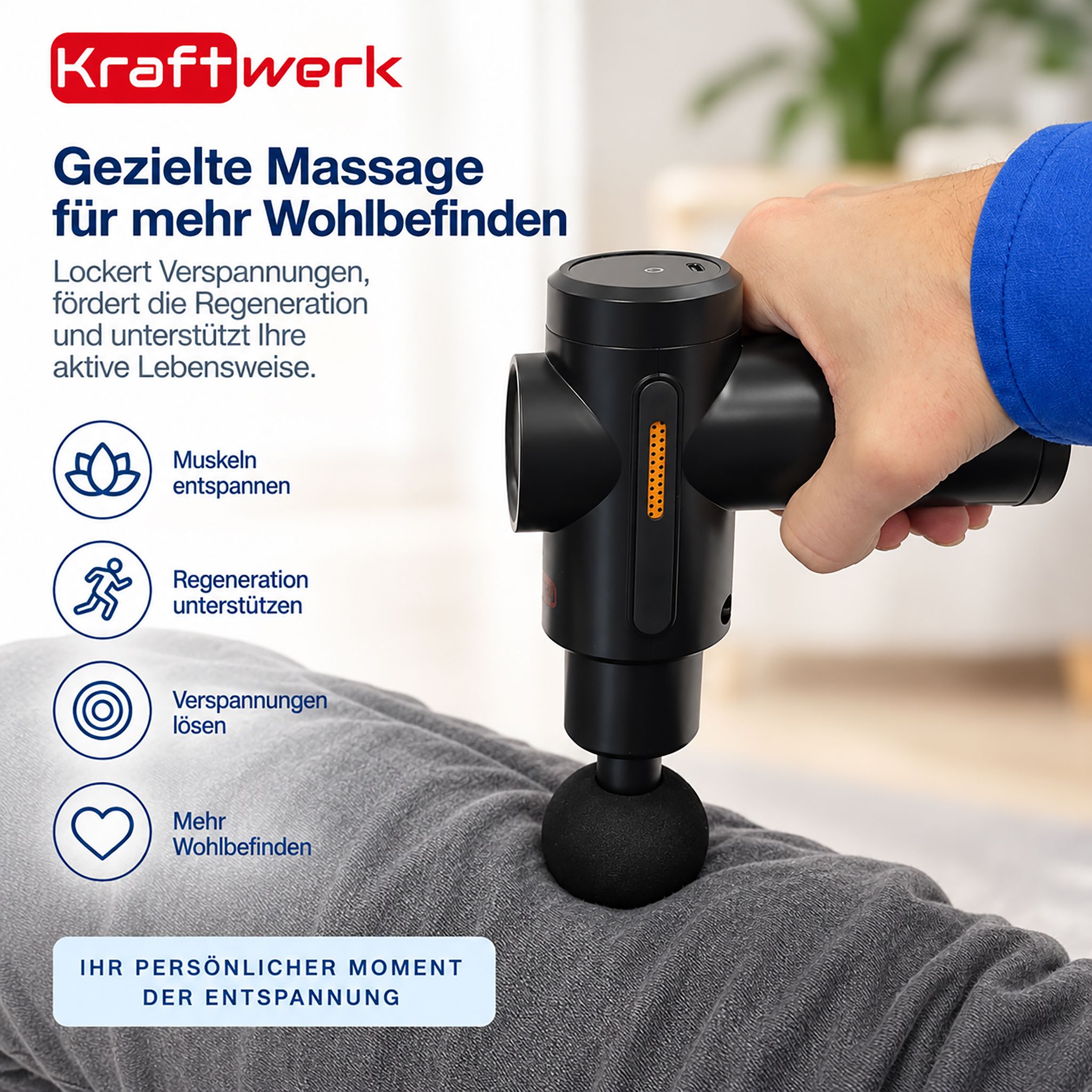 Hand hält Massagepistole am Bein zur gezielten Muskelmassage.