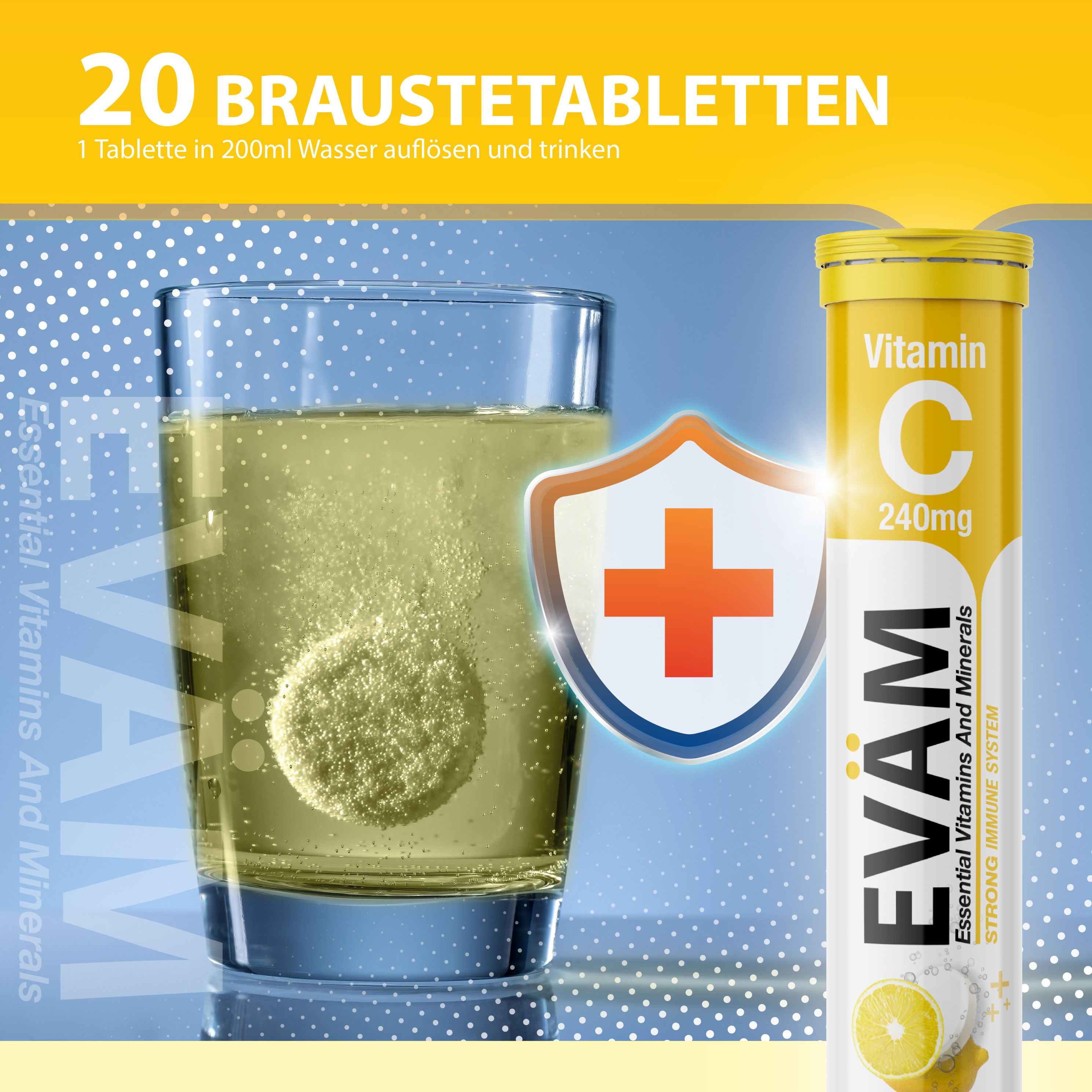 Glas mit gelber Flüssigkeit und Brausetablette. Tube EVÄM Vitamin C240 daneben. Schild mit Kreuz.
