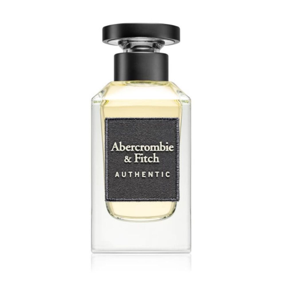 Glasflakon mit schwarzem Verschluss. Schwarzes Etikett mit "Abercrombie & Fitch AUTHENTIC".