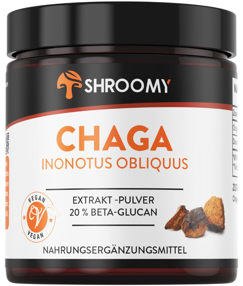 Braune Dose mit SHROOMY Chaga Extrakt Pulver. Aufschrift: CHAGA, INONOTUS OBLIQUUS, Extrakt-Pulver, 20% Beta-Glucan. Vegan-Siegel.