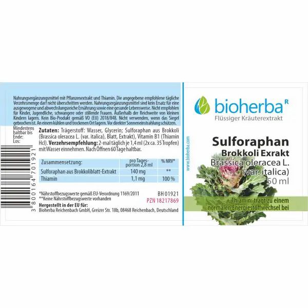 Etikett mit Produktinformationen. Bioherba Sulforaphan Brokkoli Extrakt. Zutaten, Nährwertangaben, Verzehrempfehlung.