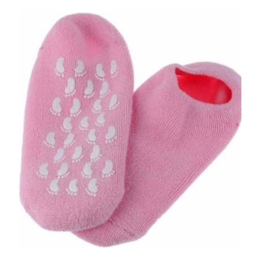 Paar rosa Spa-Gel-Socken. Die Socken haben eine rutschfeste Sohle mit weißen Fußabdrücken. Die Socken sind auf weißem Hintergrund abgebildet.