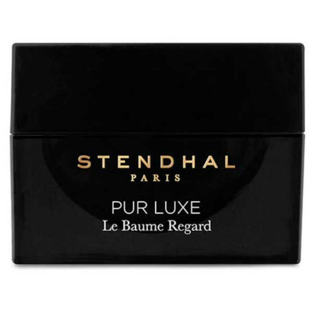 Schwarzer Tiegel mit goldfarbenem Schriftzug. Aufschrift: STENDHAL PARIS, PUR LUXE Le Baume Regard.