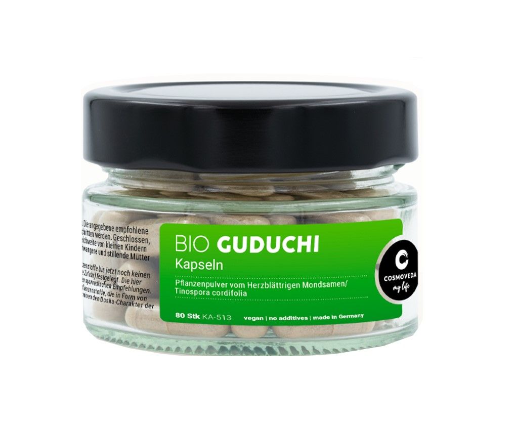 Glasbehälter mit Kapseln. Aufkleber mit "BIO GUDUCHI Kapseln" und Logo. Schwarzer Deckel. Enthält 60 Stück.