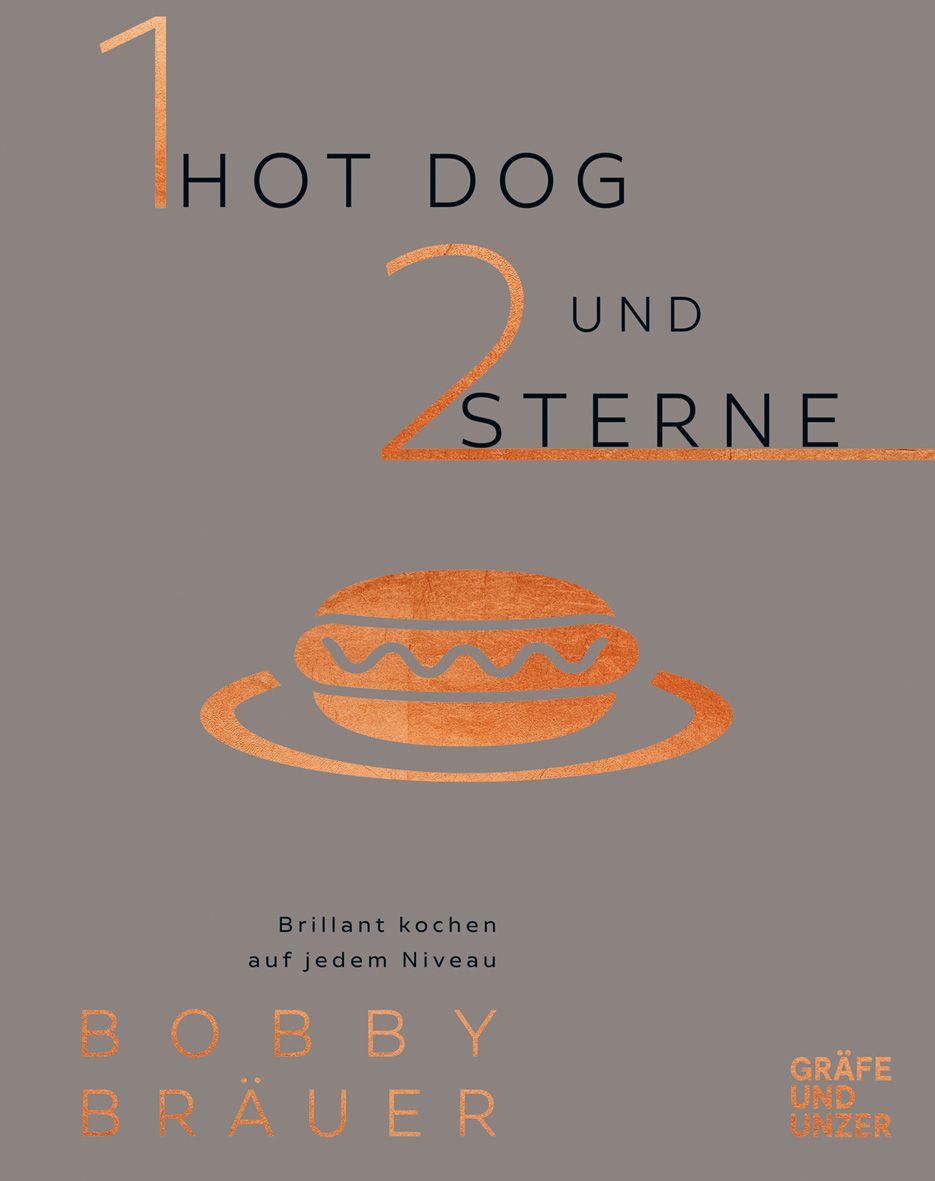 Buchcover mit Titel "Ein Hot Dog und zwei Sterne". Orangefarbene Illustration eines Hotdogs. Autor: Bobby Bräuer.