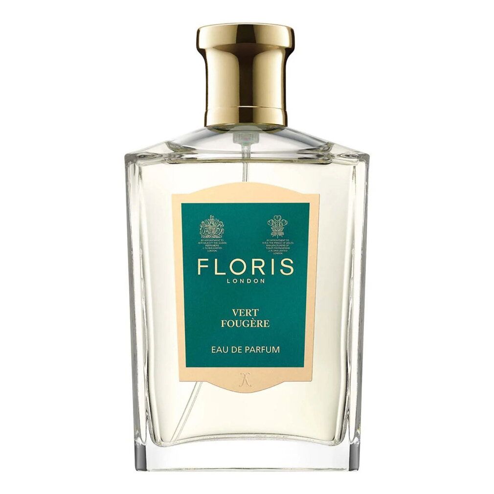 Floris Vert Fougere Eau de Parfum Flakon mit goldenem Verschluss und grünem Etikett.