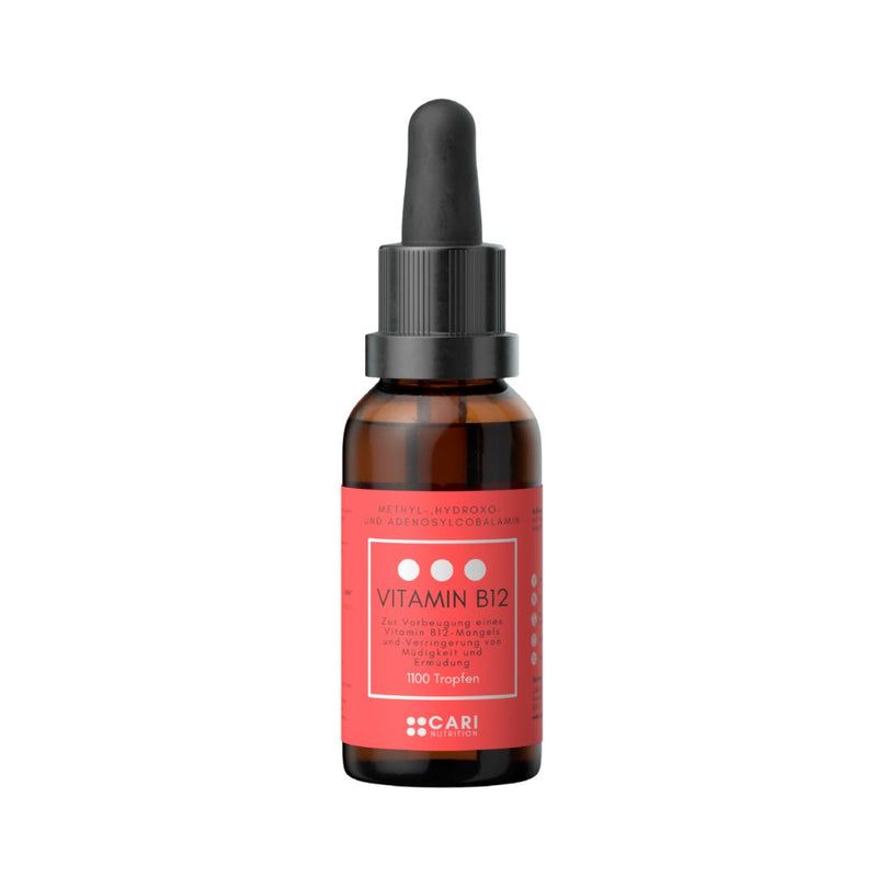 Braune Glasflasche mit Pipette und rotem Etikett, das Vitamin B12 und 100 Tropfen angibt.
