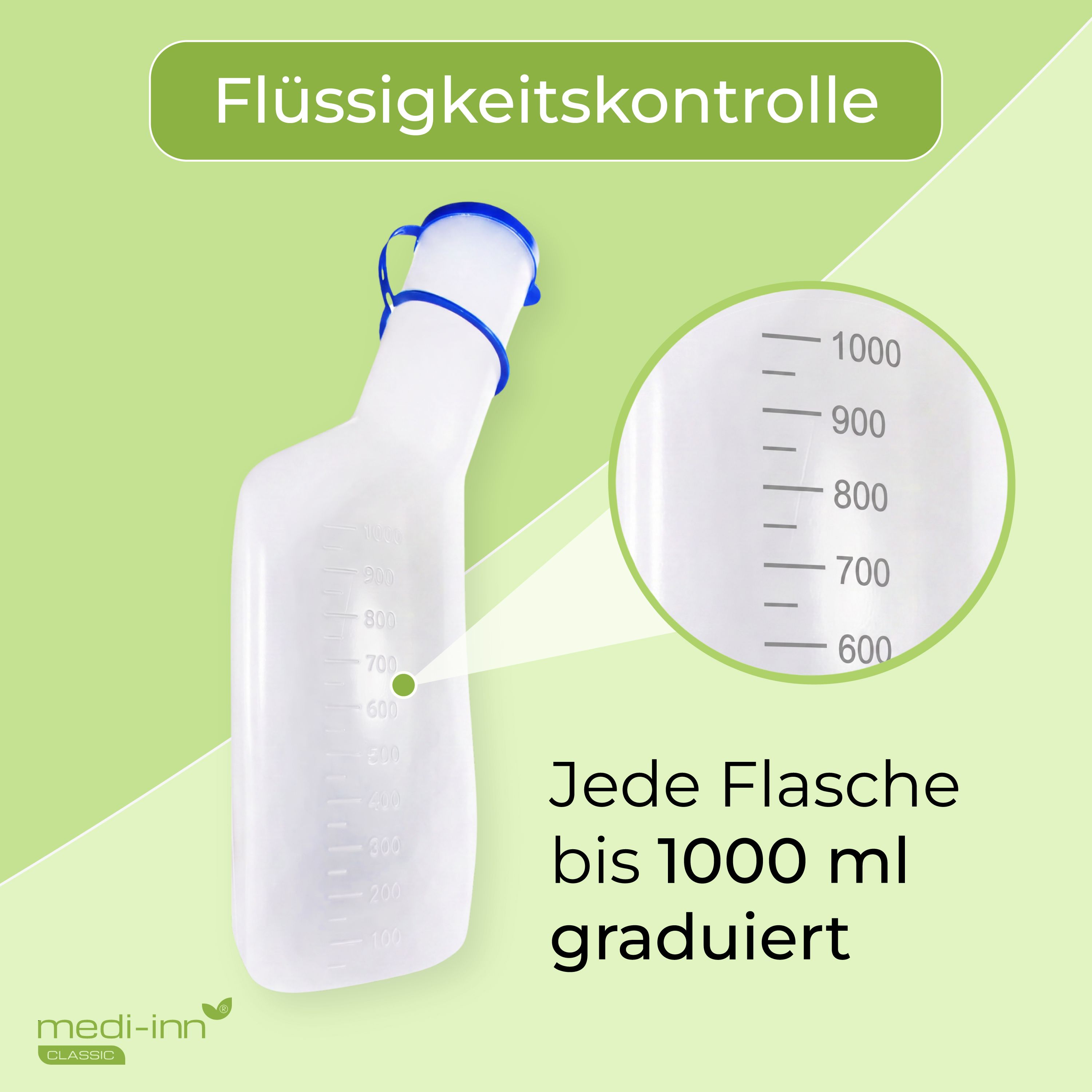 Urinflasche bis 1000 ml graduiert, "Flüssigkeitskontrolle" und "Jede Flasche bis 1000 ml graduiert" Aufdruck.