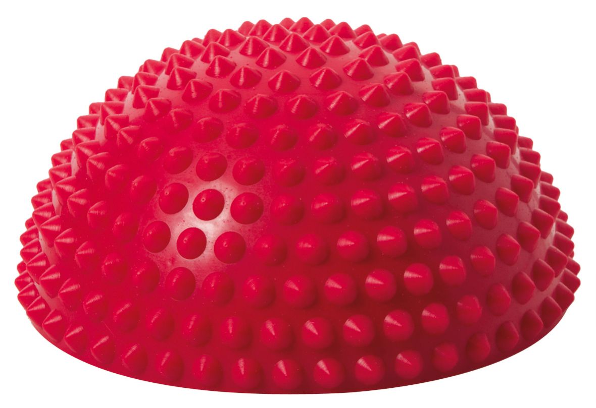 Roter, halbkugelförmiger Balance-Igel mit Noppen. Oberseite mit konischen Erhebungen, Unterseite glatt.