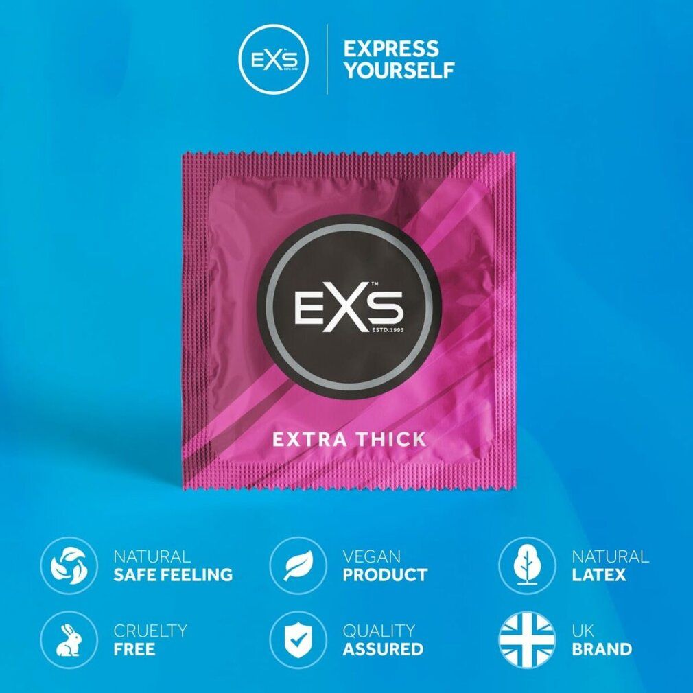 Rosa Kondom-Verpackung mit EXS Logo und Aufschrift "EXTRA THICK". Vegan- und UK-Siegel.