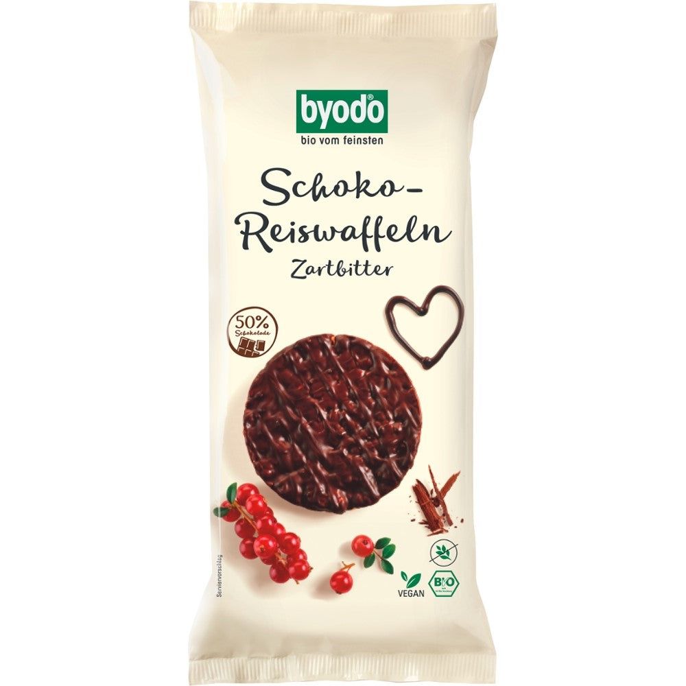 Verpackung mit Schoko-Reiswaffeln Zartbitter. Logo: byodo. Bio-Siegel. Abbildung einer Waffel, Herz, Beeren.