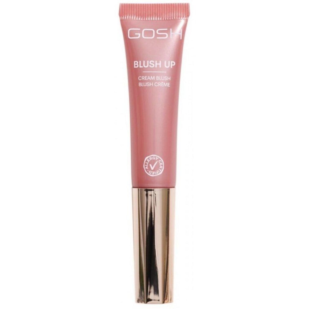 Rosafarbener Blush Up in einer Tube mit goldenem Verschluss. Aufschrift: GOSH, BLUSH UP, Cream Blush, Blush Creme. Siegel.