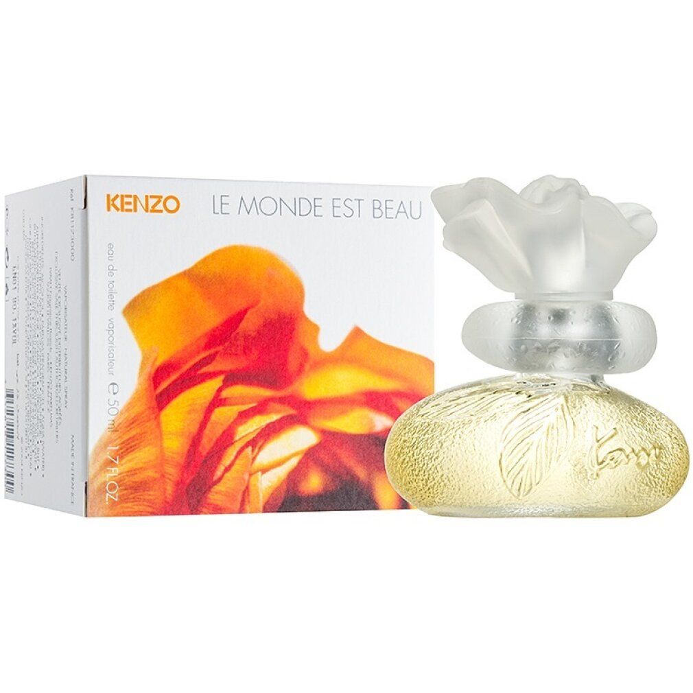 Kenzo Le Monde Est Beau. Parfümflakon und Verpackung. Flakon mit Blumendeckel. Karton mit Rosenmotiv.