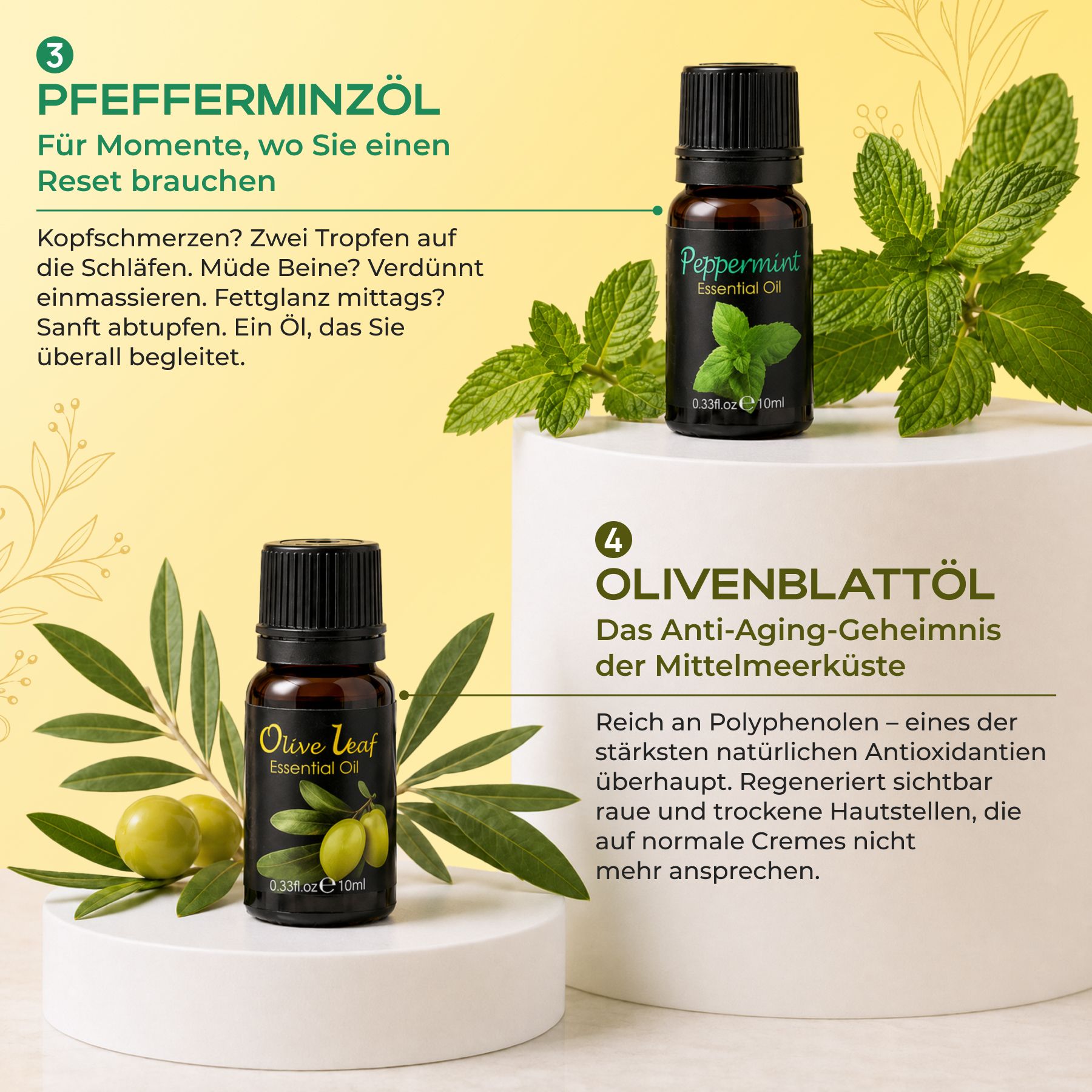 Zwei kleine dunkle Glasflaschen mit ätherischen Ölen, eine mit Pfefferminz- und eine mit Olivenblatt-Aufdruck, daneben frische Minzblätter und Oliven.